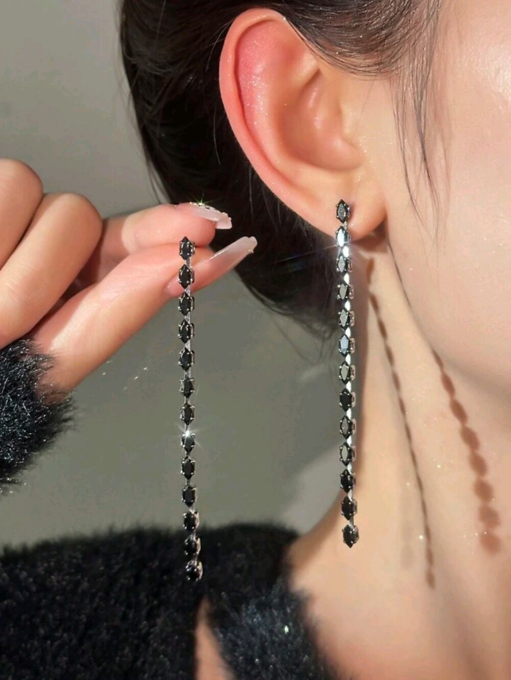 Black Zirconia Tassel Earrings, NWOT - Picture 3 of 6
